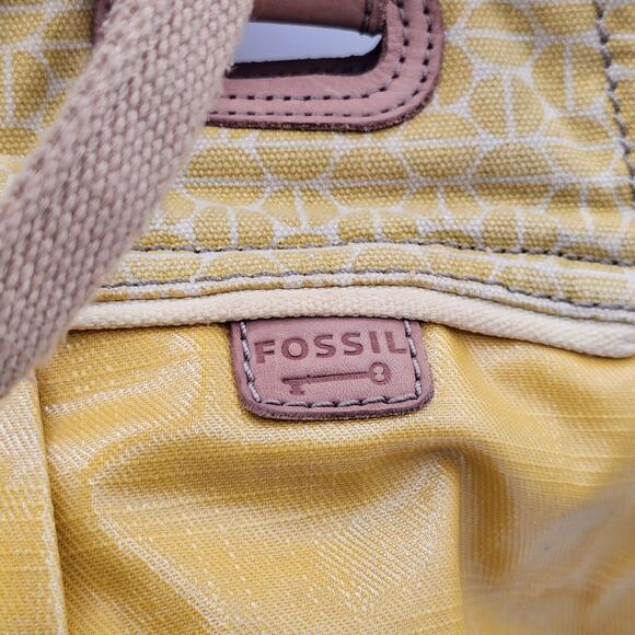 Fossil Key-per Shoulder Bag Boho Yellow Purse Vintage Leather Canvas Trim Tote - Picture 4 of 8